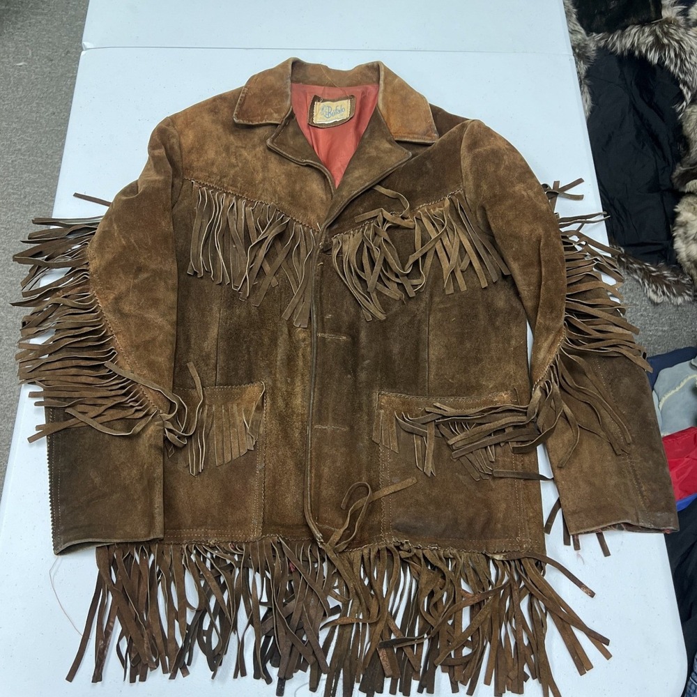 70s Buffalo Suede Fringe Jacket Mens S Brown Western Cowboy Vintage Coat